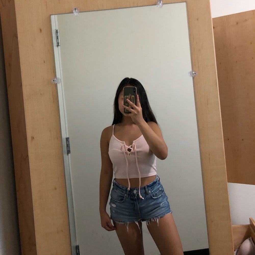 Baby pink lace up crop top